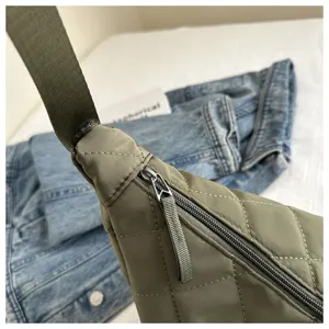Nylon quilted dumpling crossbody bag detail, casual single shoulder bag with zipper, khaki.