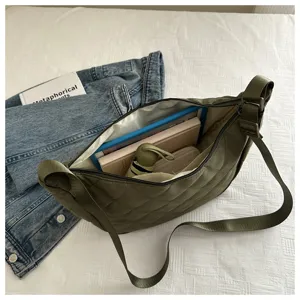 Green quilted nylon hobo shoulder bag, spacious casual crossbody bag for women daily use.