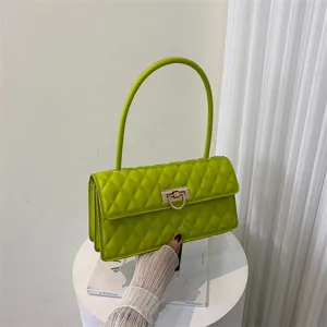 Green quilted underarm shoulder bag for women, stylish baguette handbag with metal lock.