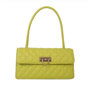 Stylish lime green quilted shoulder bag for women, trendy underarm baguette purse for daily use.
