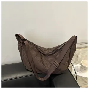 Stylish brown nylon quilted dumpling bag, large capacity casual shoulder crossbody bag for women.