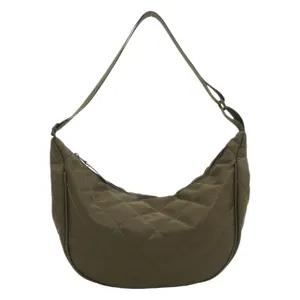 Olive green quilted nylon dumpling bag for women, large capacity shoulder crossbody bag.