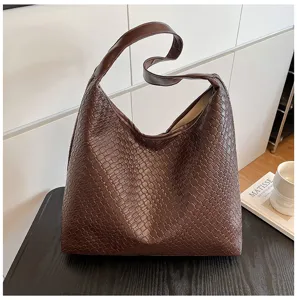 Dark brown woven leather hobo shoulder bag, large capacity minimalist tote for women.