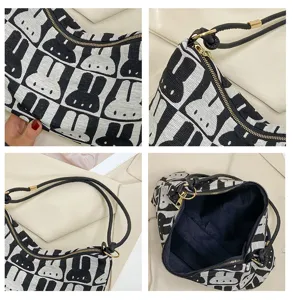 Black and white rabbit pattern knit shoulder bag, casual canvas daily tote bag for women.