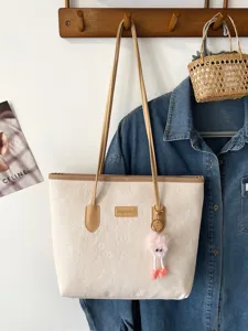 Large capacity color block tote bag for women, stylish embossed shoulder bag for daily commute.