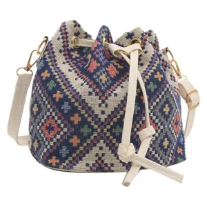 Retro ethnic woven bucket bag for women, stylish drawstring shoulder crossbody bag trendy.