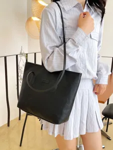 Women large capacity black shoulder tote bag with stylish embossed pattern daily commute