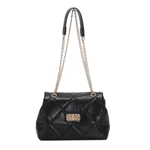 Black quilted leather shoulder bag with gold chain strap and chic turn lock closure for women.
