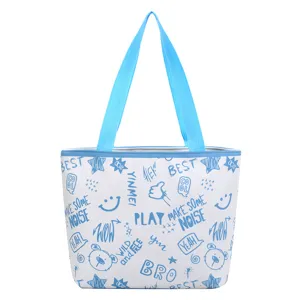 Casual canvas tote bag for women with stylish blue graffiti print, large capacity commuter bag.