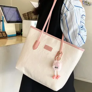 Large Capacity Color Block Tote Bag For Women Embossed PU Leather Commuting Shoulder Bag Casual Handbag
