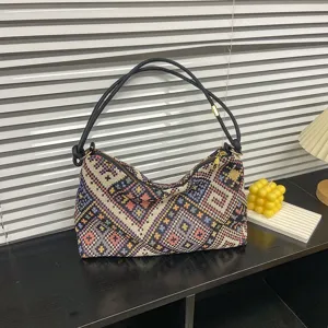 Ethnic geometric woven canvas shoulder bag, fashionable daily casual tote handbag for women
