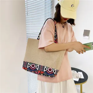 Borsa shopper in tela etnica donna, grande borsa a spalla casual con stampa geometrica colorata.