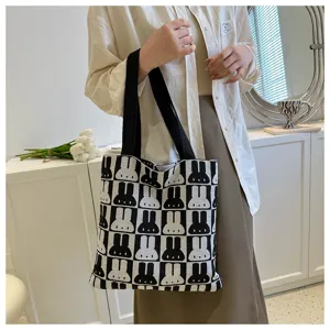 Women large capacity knit tote bag fashion black white rabbit pattern shoulder bag casual