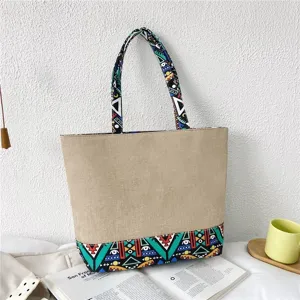 Borsa tote in tela con manici a motivo geometrico etnico, borsa a tracolla casual di grande capacità.