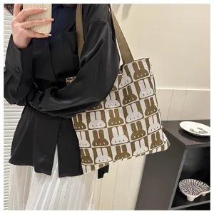 Cute bunny pattern knit tote bag, stylish large capacity shoulder bag for daily casual use.