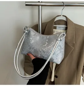 Silver snake pattern shoulder bag detail, stylish commute underarm handbag for women