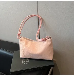 Pink faux snakeskin single shoulder underarm baguette handbag for women casual daily use