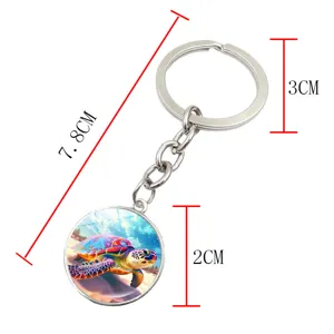 Colorful sea turtle glass cabochon keychain metal ring bag pendant jewelry accessory