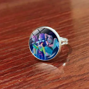Adjustable metal open ring with animated girl group print, fashion jewelry for fans.