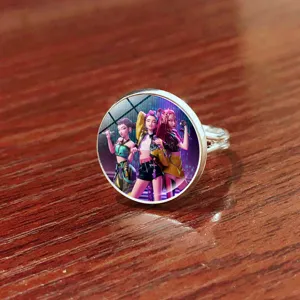 Close-up of the anime girl group adjustable open ring featuring vibrant custom print design.