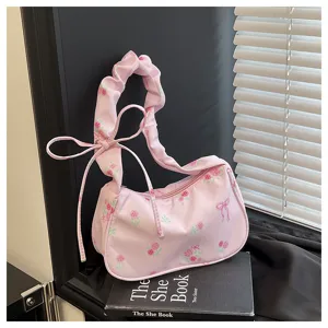 Sweet pink floral canvas shoulder bag with cute bow and scrunchie handle for women daily wear.