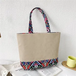 Borsa shopper in tela con motivo geometrico etnico, grande borsa a spalla casual da donna.