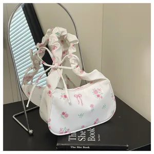 Sweet pink rose bow canvas shoulder bag, stylish casual crossbody bag for women daily use.
