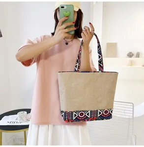 Borsa shopper in tela stile etnico, grande borsa a tracolla casual per donna.