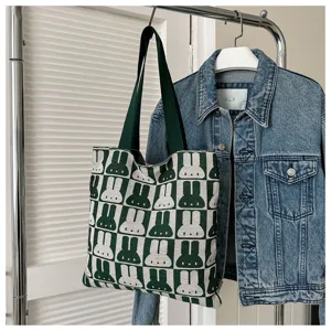 Green white knit tote bag cute rabbit pattern casual shoulder bag with large capacity daily
