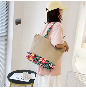 Dettagli della borsa tote in tela stile etnico con stampa floreale, grande borsa a spalla.
