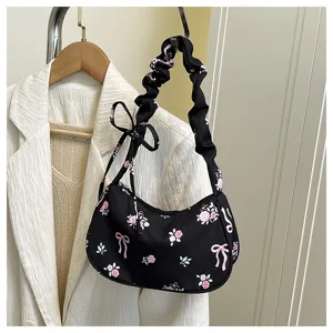 Cute floral bow shoulder bag detail, sweet style canvas handbag with gathered strap for women.
