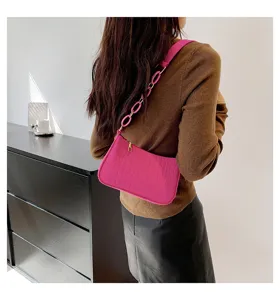 Elegante bolso de hombro casual con textura de cocodrilo rosa y cadena de moda mujer