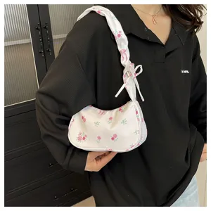 Sweet floral canvas shoulder bag with cute bow and drawstring design for women and girls daily use.