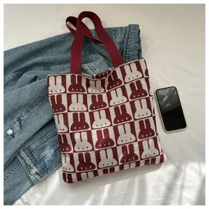 Knitted rabbit pattern tote bag, casual large capacity shoulder bag for women daily use.