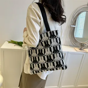 Black and white checkerboard rabbit knit tote bag for women, large capacity casual shoulder bag.