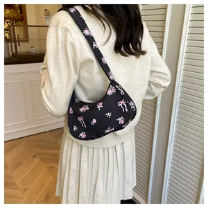 Sweet women's black floral bow shoulder bag canvas cute daily cross body bag cute