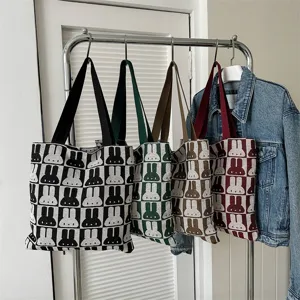 Cute rabbit pattern knitted tote bag, casual large capacity shoulder bag for women daily use.