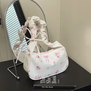 Sweet Floral Bowknot Canvas Shoulder Bag Women Casual Tote Underarm Bag Cute Crossbody Bag Daily Purse Handbag