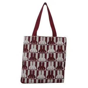 Stylish knit tote bag for women featuring cute rabbit pattern, large capacity knitted shoulder bag.
