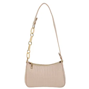 Borsa a tracolla chic beige da donna, con texture pietra trendy e cinturino a catena.