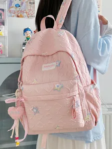 Sac à dos d'école rose style coréen avec broderie d'étoiles et pendentif pour étudiants