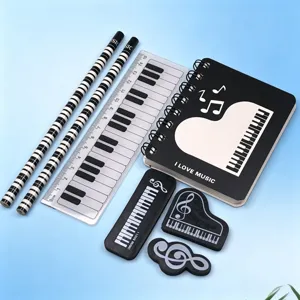 Cute piano theme stationery set includes notebook pencils ruler and musical erasers.