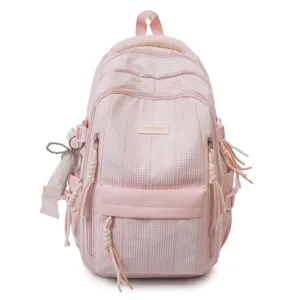 Cute pink striped backpack for school girls, large capacity casual daypack with cute pendants.