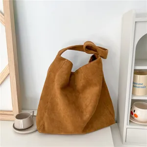 Brown faux suede hobo shoulder bag casual minimalist large capacity tote bag style