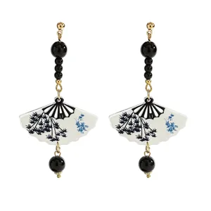 Vintage Chinese style fan-shaped earrings with traditional bamboo pattern and black beads
