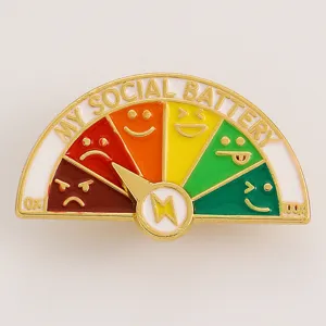 Macro detail view of a sliding My Social Battery mood enamel pin badge for jacket decor