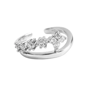 Close-up of silver-tone double-layer zircon ear cuff with floral pattern for non-pierced ears