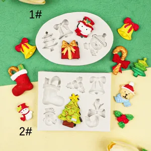 Set de molde de silicona navideño con árbol, campana, regalo y muñeco de nieve para tartas.