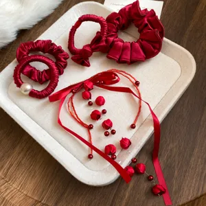 New Year Red Fabric Bowknot Scrunchies Elastic Hair Bands Fashion Flower Hair Ties Streamer Ponytail Holder Headwear For Women Jewelry