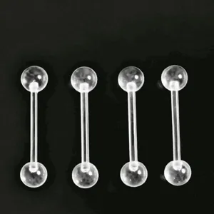 Transparent acrylic body piercing barbell detail view showcasing clear barbell design.